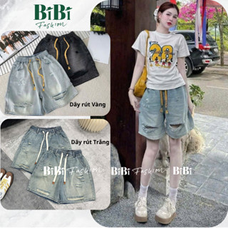 Quần Short Jean nữ rách cạp chun dây rút vàng cá tính, Quần sooc ngố bò mềm mịn phong cách trẻ trung sành điệu BiBi