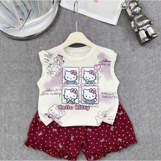 Sét combo 2  bộ quần đùi áo 3 lỗ bé gái kute(HỌA TIẾT CHẤM BI HELLOKITTI QUẦN ZEN) size 9-45 kg M88