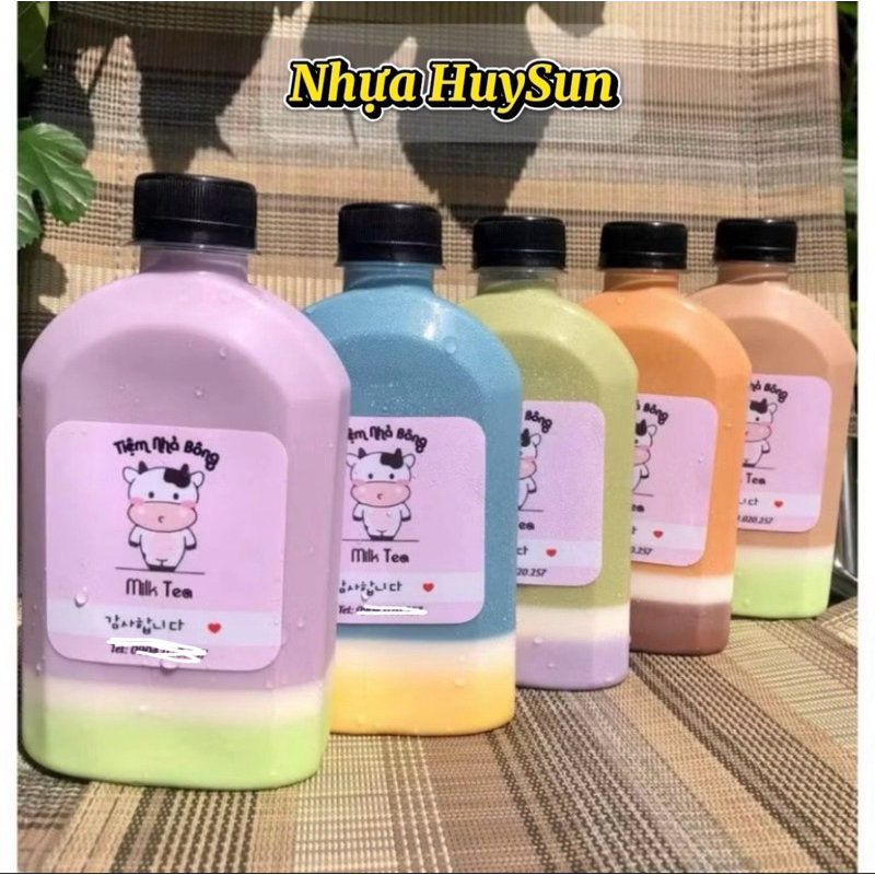 100 Chai Nhựa Dẹp Vai Bầu 330ml Đựng Trà Sữa Nắp Nhôm fi30, Chai Dẹp Vuông Vai Bầu.Nhựa HuySu