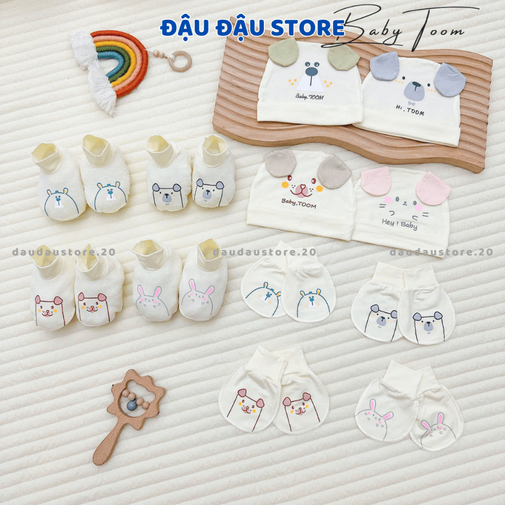 Combo Mũ Bao Tay  Bao Chân BABY TOOM Thun Lạnh Petit Cho Bé Sơ Sinh mềm mịn co giãn in họa tiết Đậu Đậu Store