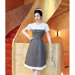 Đầm công sở thiết kế đẹp thanh lịch chữ a tay ngắn xám phối trắng xinh cao cấp đi làm đi tiệc Lux W Xám xếp ly lai