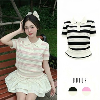 Áo Len Polo Nữ Freesize – Áo Tay Ngắn Sọc Ngang Form Đẹp, Chất Mềm Mịn Dễ Mặc M13