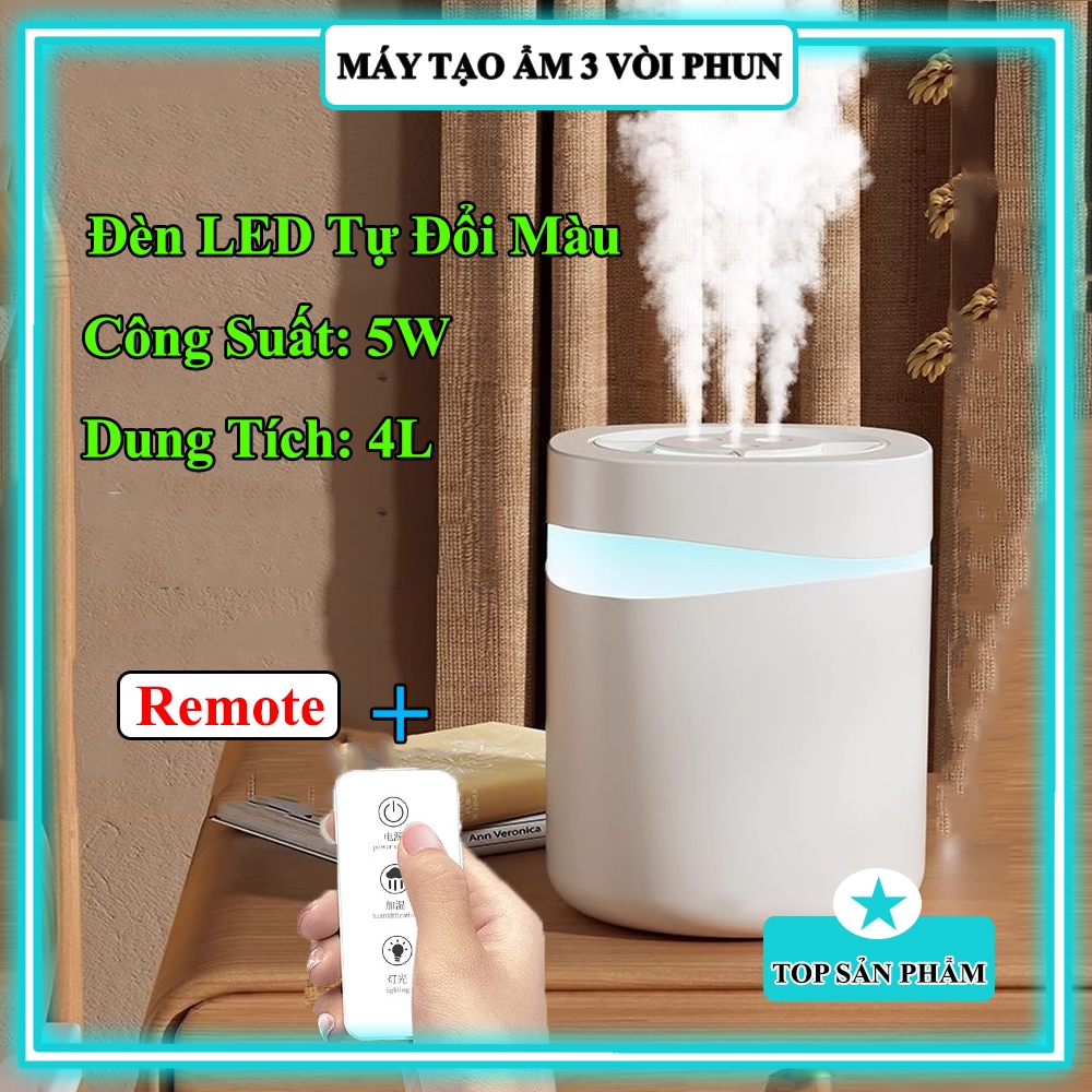 [Mới 2025] Máy Tạo Ẩm 3 Vòi Phun Siêu Mịn – Dung Tích 4L, Công Suất 5W, Đèn LED Đổi Màu, Kèm Remote