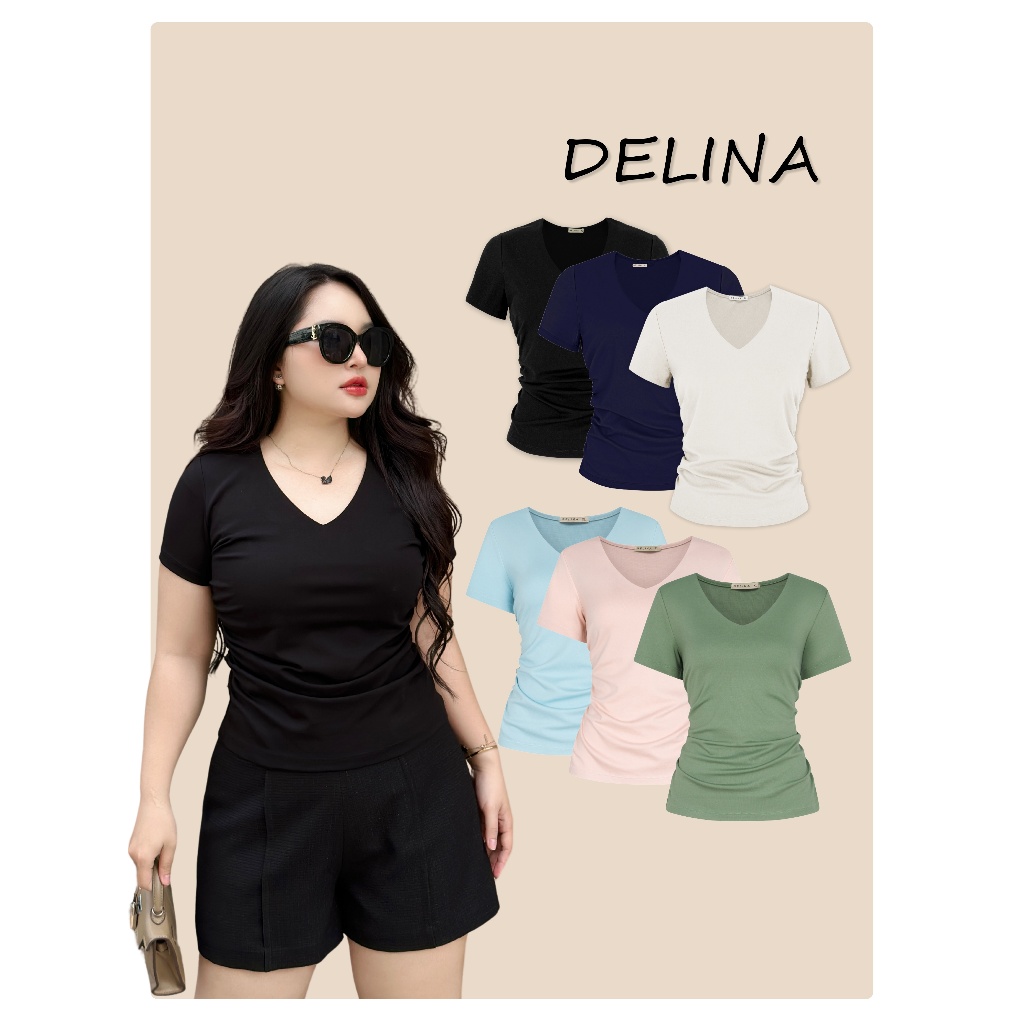 Áo thun cổ tim cotton big size nữ DELINA, trẻ trung, tôn dáng, thoải mái, big size 50kg-90kg