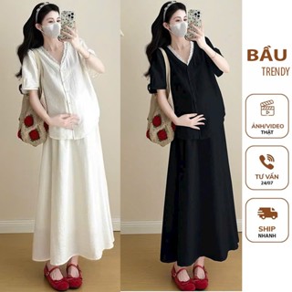 Set đầm bầu hottren mùa hè thiết kế dáng dài chân váy kèm áo cộc vải đũi mềm mát mặc đi làm đi chơi xinh xắn X365