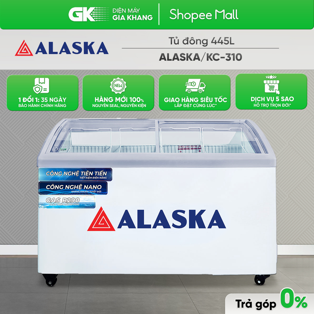 Tủ Đông Kính Cong Alaska KC-310 310L Trắng - Dung Tích Lớn, Thiết Kế Sang Trọng