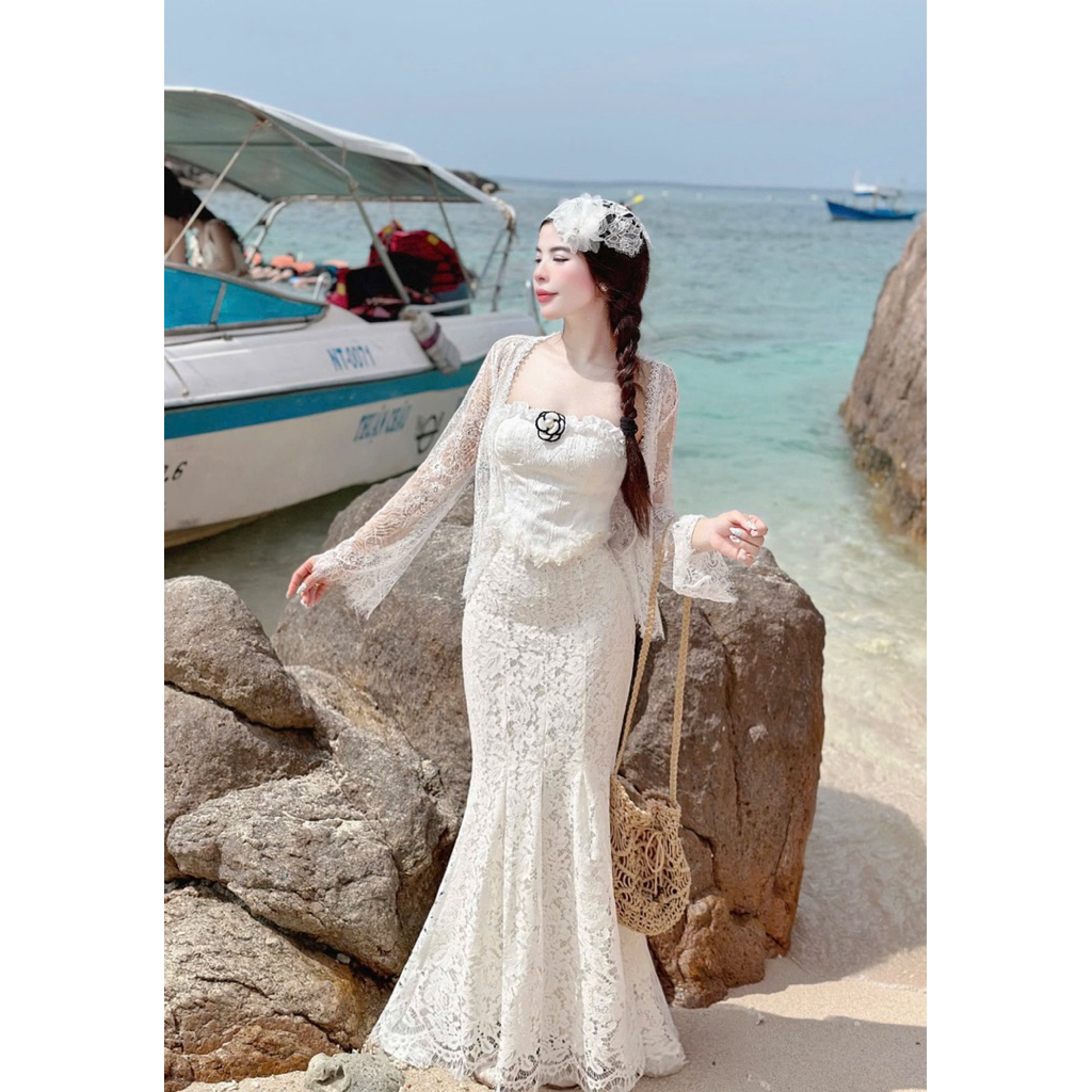 Set 3 món áo cúp gấm bướm eo V đính hoa + cv body ren đuôi cá + khoác ren tag hoa