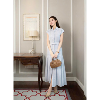 Đầm sơ mi kẻ sọc xanh tay hến phối nơ eo mocking, Váy công sở dáng dài thanh lịch Hb.closet D10