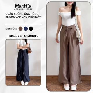 Quần ống rộng MunMiu official quần suông kẻ sọc BIGSIZE cạp cao phối dây phong cách Hàn Quốc 9003