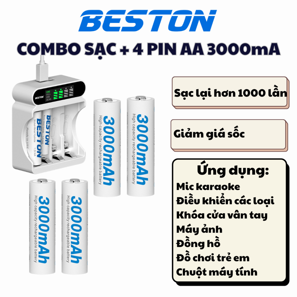 Combo Pin Sạc lại AA, AAA Beston và Bộ Sạc Beston C9023L – Sạc nhanh, màn hình LED, tự ngắt khi đầy