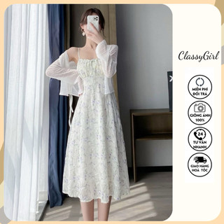  Đầm 2 dây hoa nhí cúp ngực cổ vuông Váy hoa vintage dáng xoè ngắn tiểu thư đi chơi đi biển đi chụp kỉ yếu 