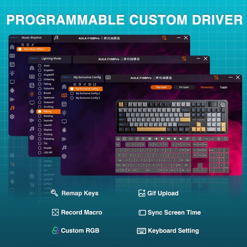 Bàn phím cơ Silent không dây AULA F108 Pro - Hỗ trợ hotswap - LED RGB nhiều chế độ - 3 mode kết nối | BigBuy360 - bigbuy360.vn
