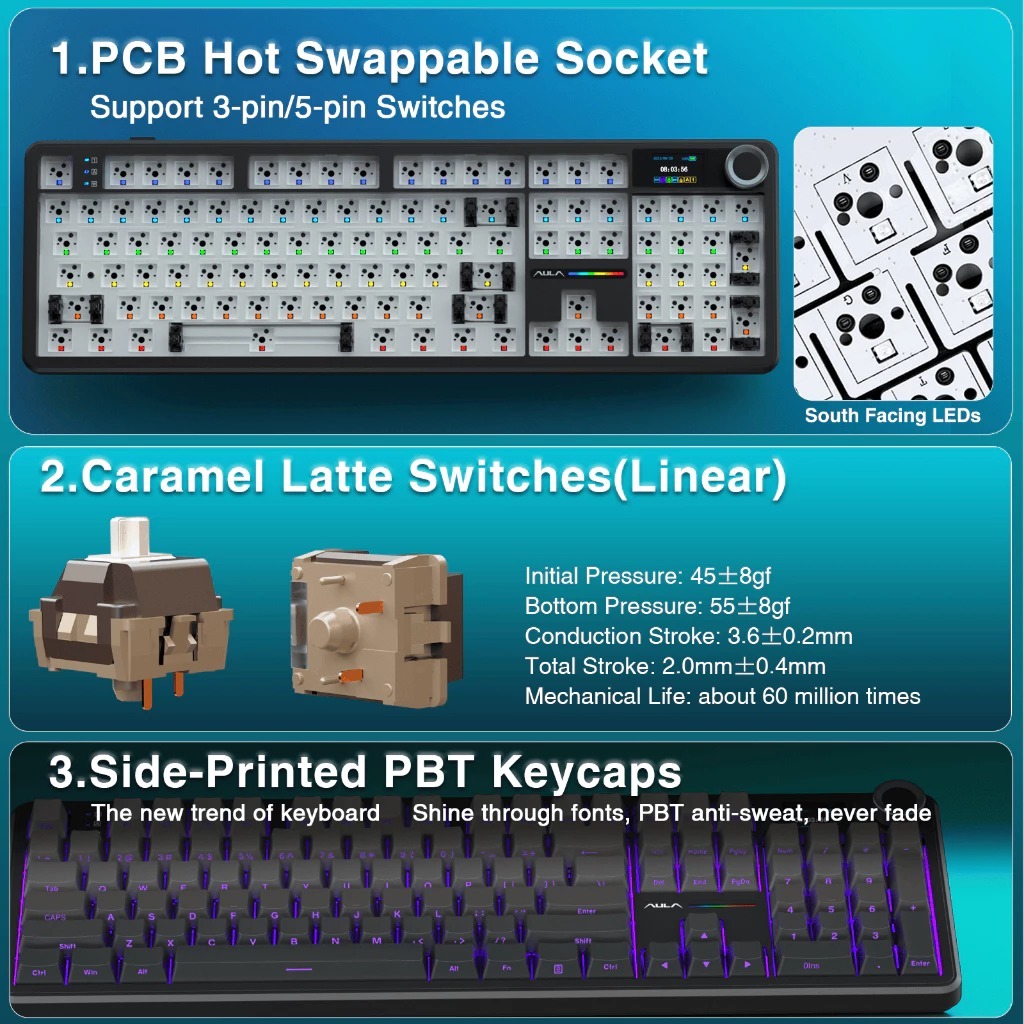 Bàn phím cơ Silent không dây AULA F108 Pro - Hỗ trợ hotswap - LED RGB nhiều chế độ - 3 mode kết nối | BigBuy360 - bigbuy360.vn