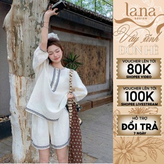 Set đồ nữ thiết kế LA.NA DESIGN màu be chất thô boi Hàn thêu nổi phù hợp đi chơi, du lịch- SQ8414
