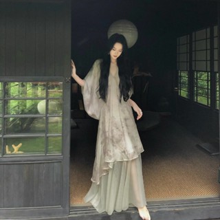 Váy GDCARRY dài tay cổ chữ V thanh lịch - Váy suông dáng dài Maxi phong cách cổ điển dịu dàng