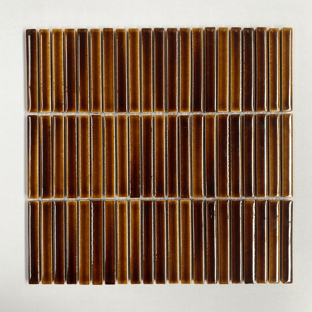 Gạch mosaic thẻ que 3 hàng kt 30x30cm, gạch dán tường stackbond màu nâu đỏ trang trí quán cafe,..