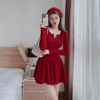Đầm nữ thời trang mặc đi chơi chất thun gân body cổ tròn cài nút tay dài váy xoè xinh xắn
