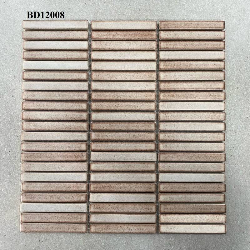 Gạch mosaic thẻ que 3 hàng kt 30x30cm, gạch dán tường stackbond màu nude trang trí quán cafe,..