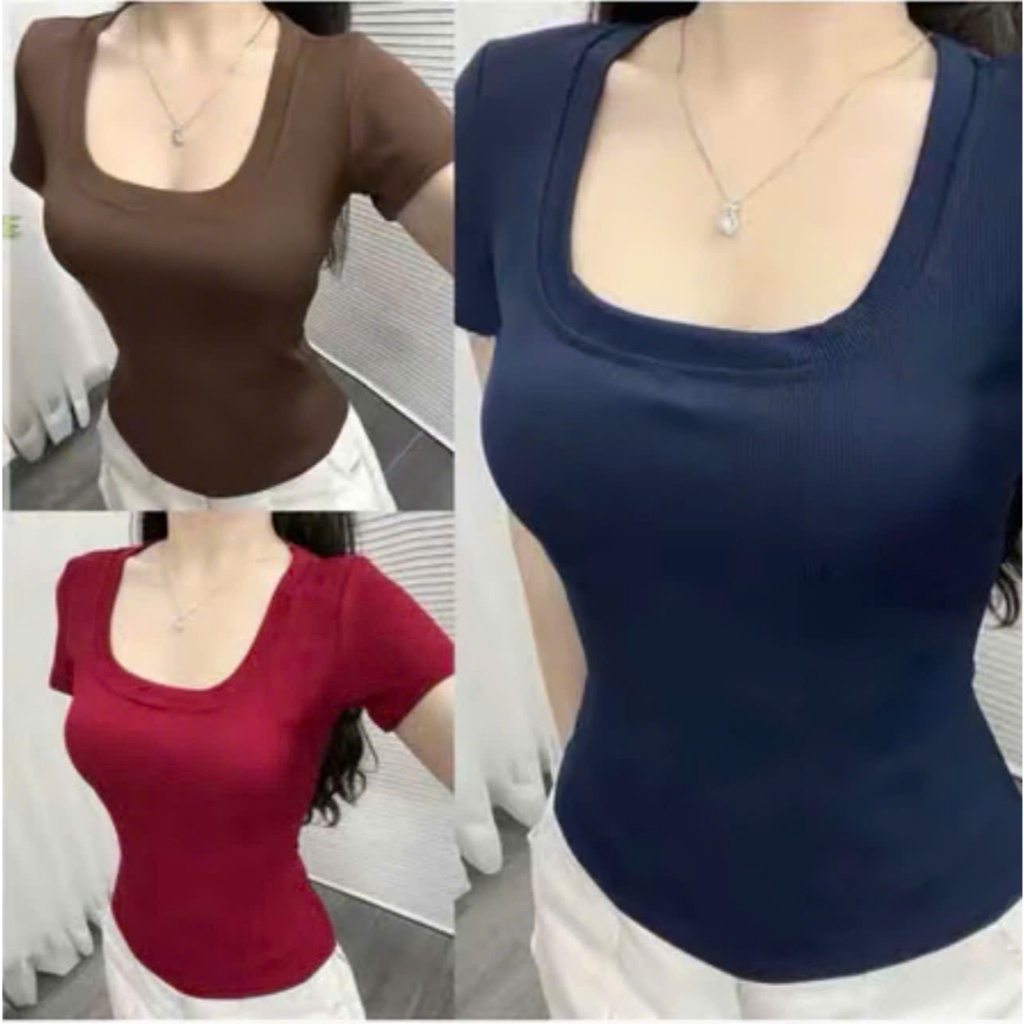 Combo 3 Áo thun cổ vuông, Áo thun tăm ôm body tôn dáng chất liệu co giãn thoáng mát,aobody aothunnu | BigBuy360 - bigbuy360.vn