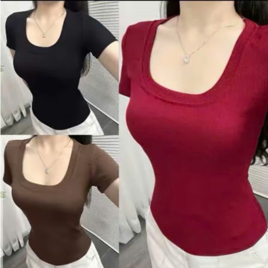 Combo 3 Áo thun cổ vuông, Áo thun tăm ôm body tôn dáng chất liệu co giãn thoáng mát,aobody aothunnu | BigBuy360 - bigbuy360.vn