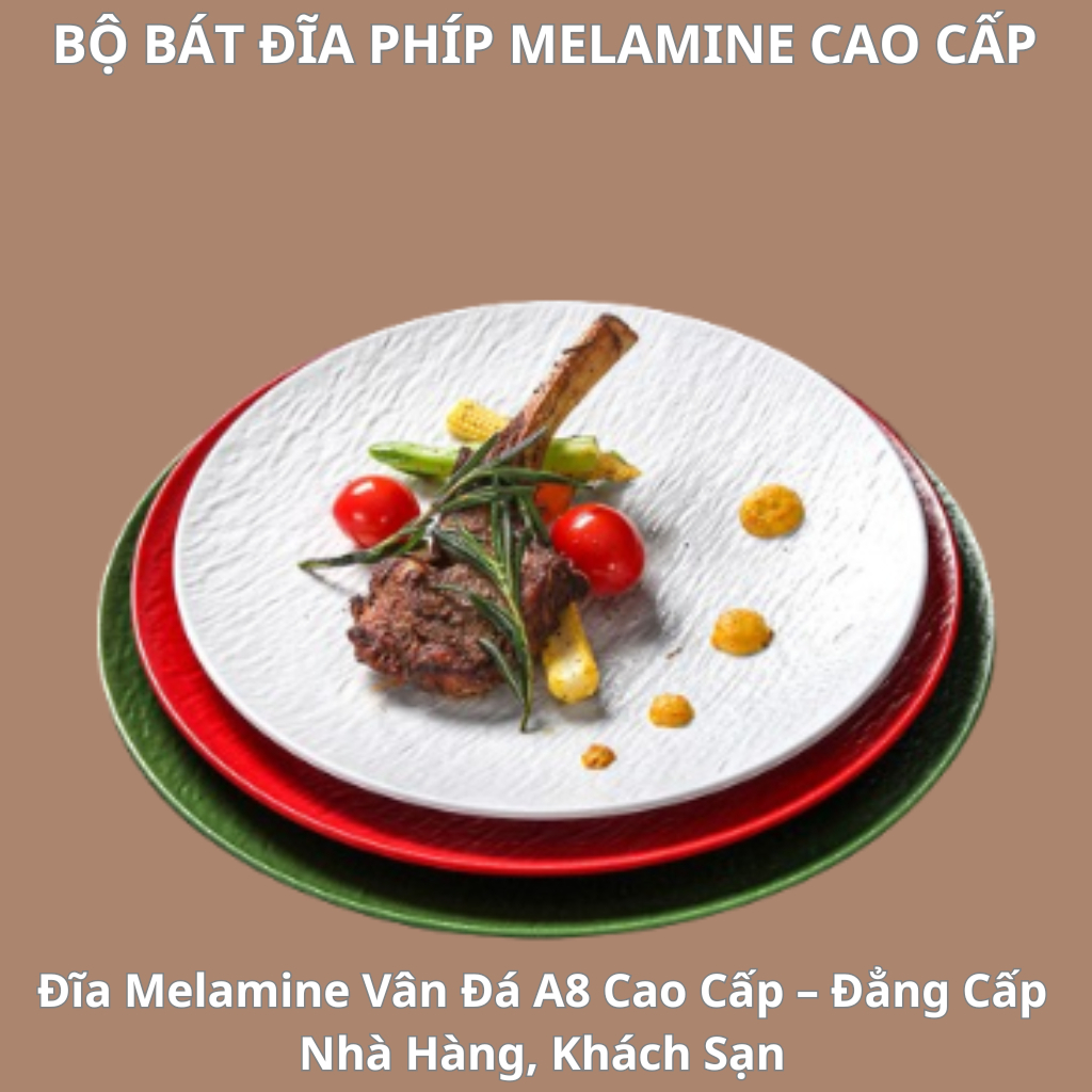 Đĩa Tròn Cạn Vân Đá Trắng Melamine Vân Đá Chất Liệu A8 Cao Cấp 6 Size