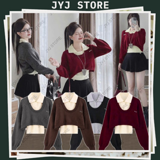  Set áo len nữ 2 món chi tiết dáng ngắn ôm dài tay phồng gồm sát nách cổ polo và croptop sweater dệt kim kiểu nữ 