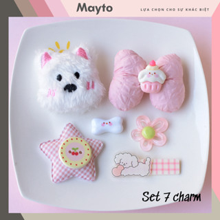 Bộ 7 Sticker, Charm 3D chủ đề Cún nơ hồng nhựa cứng gắn Dép Sục, Cá Sấu MayTo JB-351