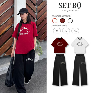 Set Bộ ECOCHIC Áo Phông Quần Dài Cạp Cao Phối Logo EC Cao Cấp Chính Hãng B160