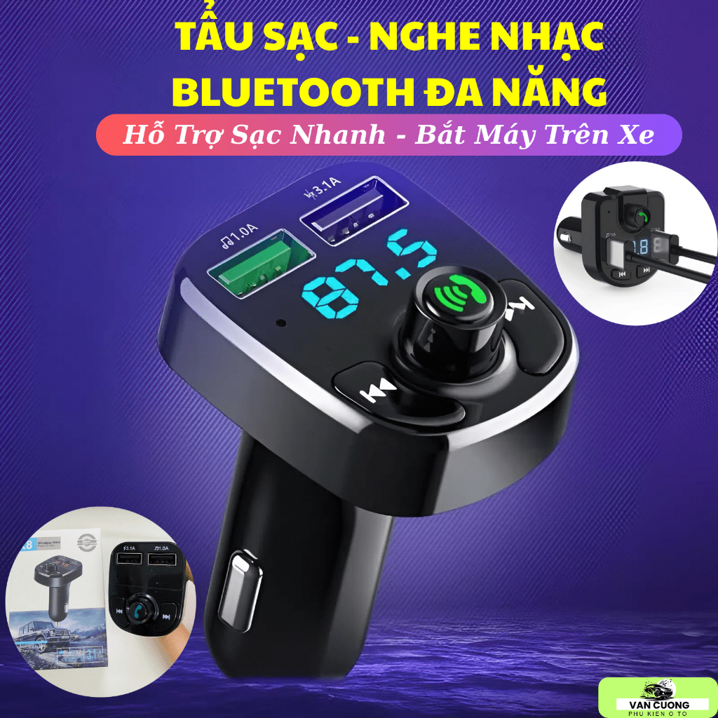 Tẩu Sạc Đa Năng Xe Ô Tô Kiêm Nghe Nhạc Bluetooth, Tẩu Sạc Nhanh Và Nghe Máy Tiện Lợi