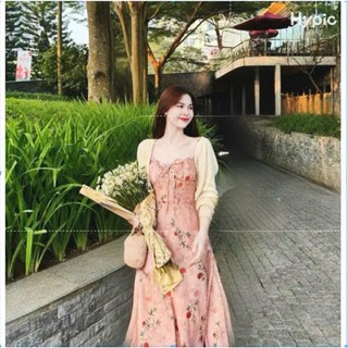 Đầm thời trang nữ dự tiệc sang trọng kèm khoác len tay dài váy chất voan hoa cổ dây dáng chữ A dài Maxi