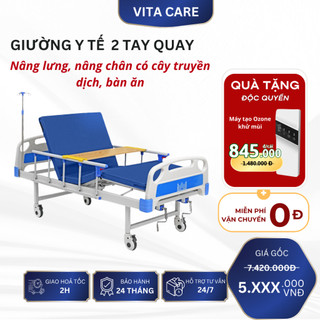Giường Y Tế Nâng Hạ bệnh nhân loại 2 Tay Quay, Giường bệnh nhân nâng hạ Lưng và Chân, Có Bàn Ăn Và 2 Thanh Chắn