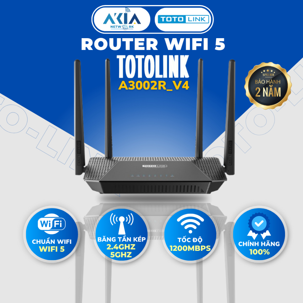 Router WiFi 5 TOTOLINK A3002RU-V4 – Chuẩn AC1200, Băng Tần Kép, 4 Ăng-Ten, Quản Lý APP, Chính Hãng