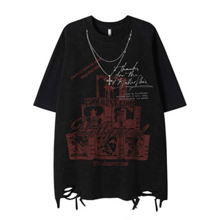  Áo thun áo phông phối dây chuyền rách tà Hollywood Distressed T-shirt streetwear form rộng goth punk unisex nam nữ 