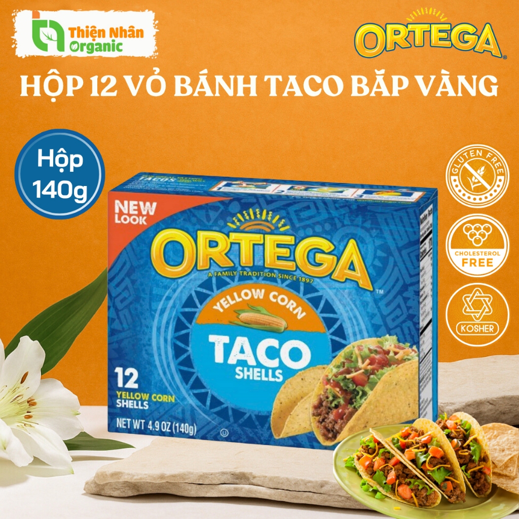 Hộp 12 Vỏ bánh Taco ORTEGA Yellow Corn Shells 140g hàng nhập Mỹ