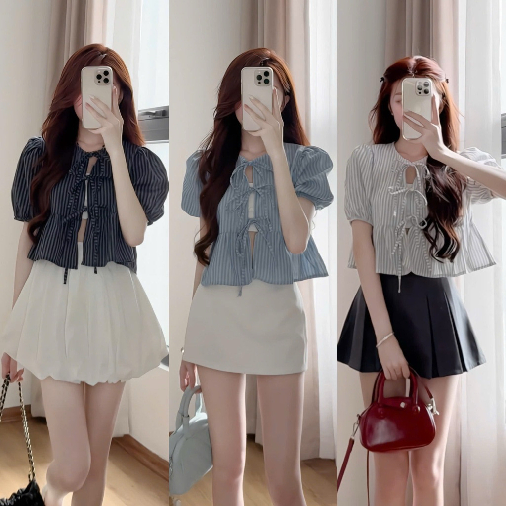 Áo babydoll kẻ buộc nơ dáng ngắn thô linen kumi studio - A55