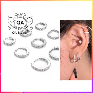  Khuyên tai bạc 925 tròn khảm dải đá chốt lẫy bông nam nữ S925 HOOP QA SILVER Earrings EA250501 