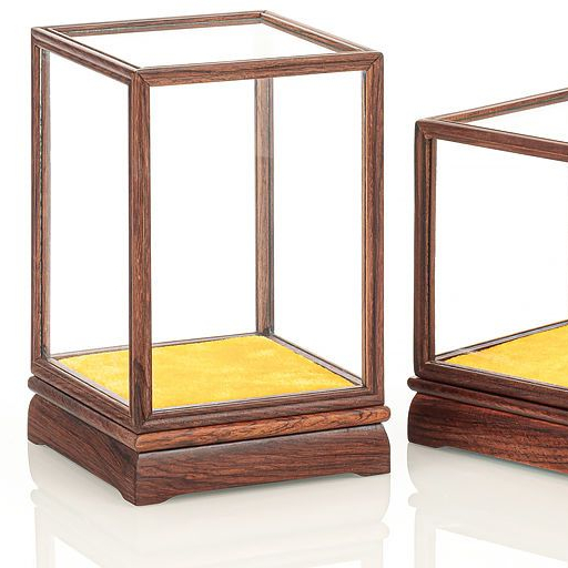 Vỏ kính gỗ đỏ góc cong lồng đựng kho báu tượng Phật gỗ hồng sắc đỏ hộp trưng bày trong suốt chốngbụi