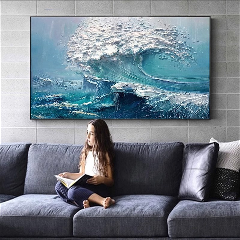 Tranh Canvas Sóng Biển Trừu Tượng Xanh Dương – Tranh Trang Trí Phòng Khách Hiện Đại Tặng Đinh Treo