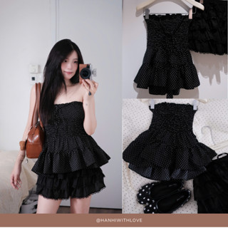 Hanhiwithlove - Áo quây dáng bèo tầng chun ngực họa tiết chấm bi hàng thiết kế by hanhiwithlive mã 240625