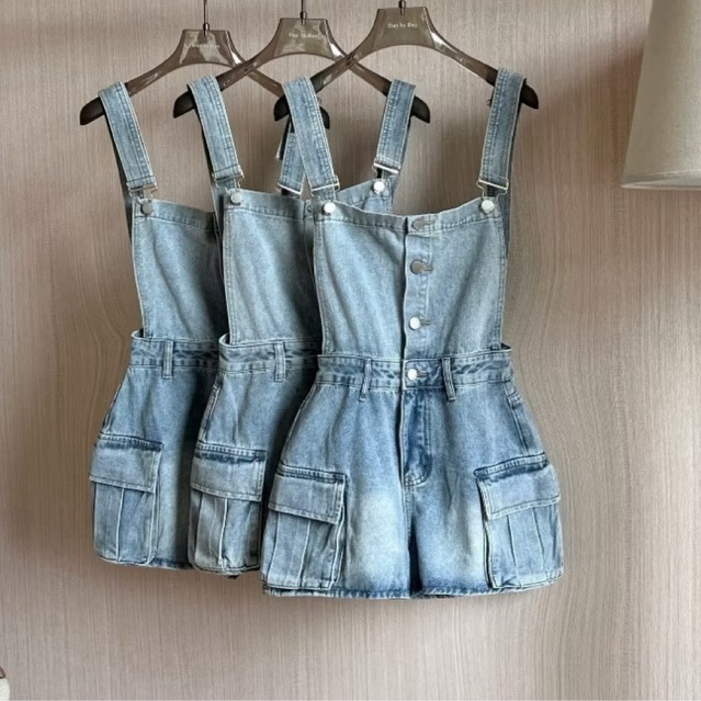 TIENSTYLE-Quần Yếm Short Jean 4 Nút Túi Hộp Hai Dây,Yếm Quần Bò Trơn Nút Thân-Nữ,Women