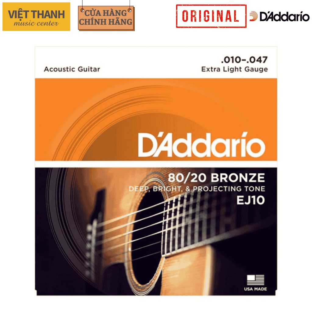 [Chính Hãng] Bộ Dây Đàn Guitar Acoustic, Dây Sắt, D'Addario EJ10, Kích Cỡ 10-47 Gauge, 80/20 Bronze