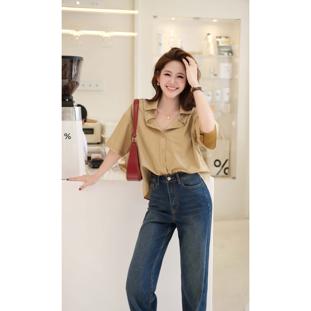 Áo sơ mi trơn tay ngắn nữ GILLEE (nhiều màu) form rộng dáng lửng vải kate lụa cao cấp thoáng khí nhiều màu FAS374 | BigBuy360 - bigbuy360.vn