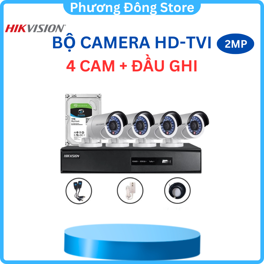 Trọn bộ 4 camera Hikvision 2M DS-2CE16D0T-EXLPF 1080P Đầy đủ phụ kiện lắp đặt - Hàng chính hãng