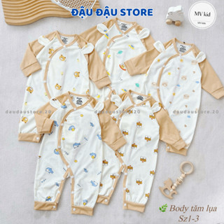 (Set 3-5) Bộ Body dài tay vải tăm lụa cho bé sơ sinh 3-9kg Body bé trai bé gái cúc bấm co dãn mềm mại Đậu Đậu Store