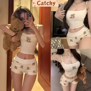 Set bộ nữ - áo croptop 2 dây viền ren đính nơ mix quần short đùi cạp trễ in gấu xinh xắn CATCHYSTORE