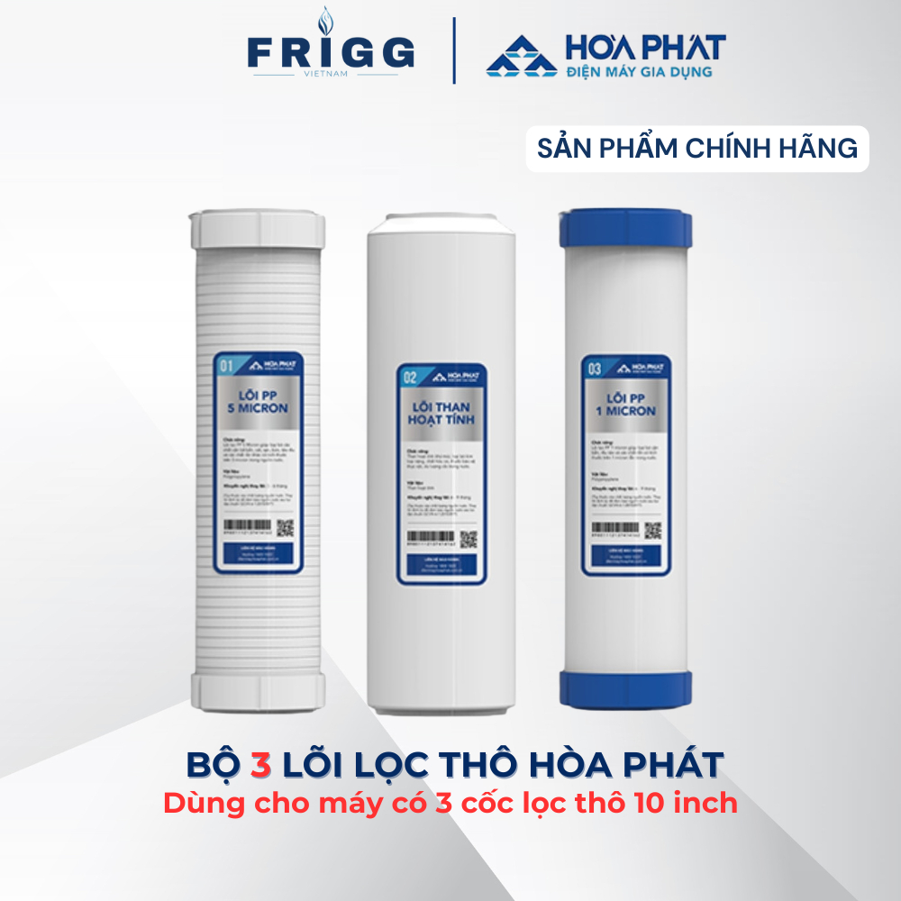 Bộ 3 lõi lọc thô 123 Hòa Phát dùng cho máy lọc nước RO gia đình lắp 3 cốc 10inch, Lõi lọc nước Hòa Phát Chính Hãng