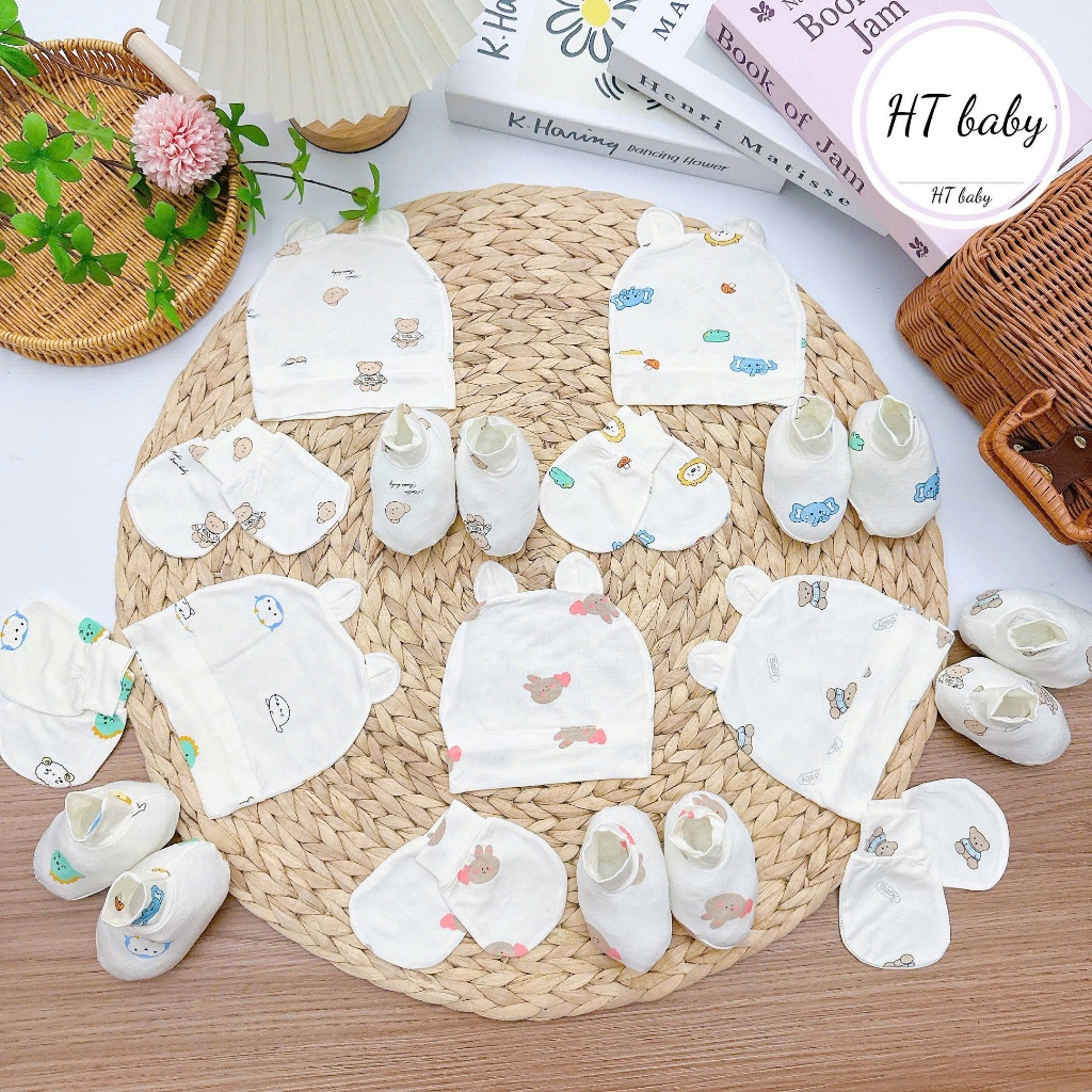 Combo mũ bao tay và  chân  cho  bé  sơ  sinh, Mẹ  Bé  Pinus, Bao  tay  chân  siêu  cute  mềm  mại cho  bé