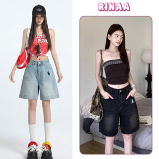 Quần Jean ngố nam nữ ống rộng, quần short lửng thêu ngựa unisex cạp cao RINAA thời trang hot hit mùa hè