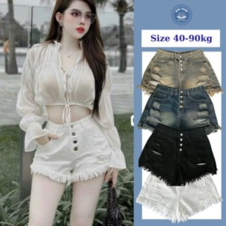 Quần short jean nữ 4 nút cúc rách tua ống Bigsize 40-85kg, Quần đùi rách lưng cao Q1093 -King Jeans
