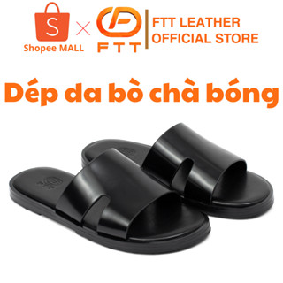 Dép da bò chà bóng nam quai ngang FTT Leather cao cấp hạn chế nhăn đế phíp gỗ chống trơn trượt